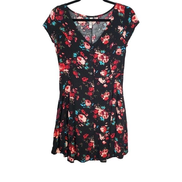 🚨073 Mudd Floral V Neck Black  Mini Dress - Picture 1 of 7